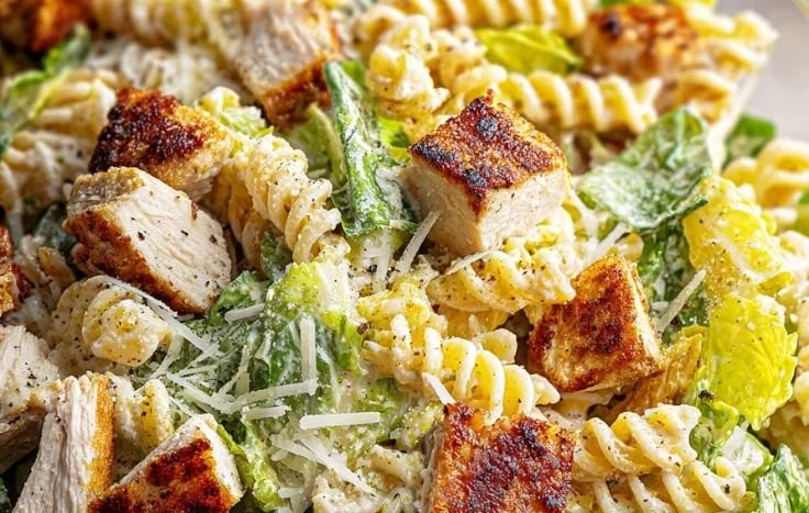 Chicken Caesar Pasta Salad in a bowl with fresh herbs and toppings.