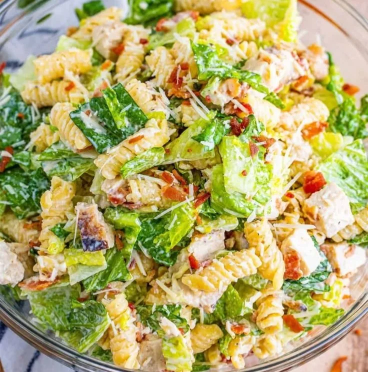 Delicious Chicken Caesar Pasta Salad with grilled chicken and creamy dressing