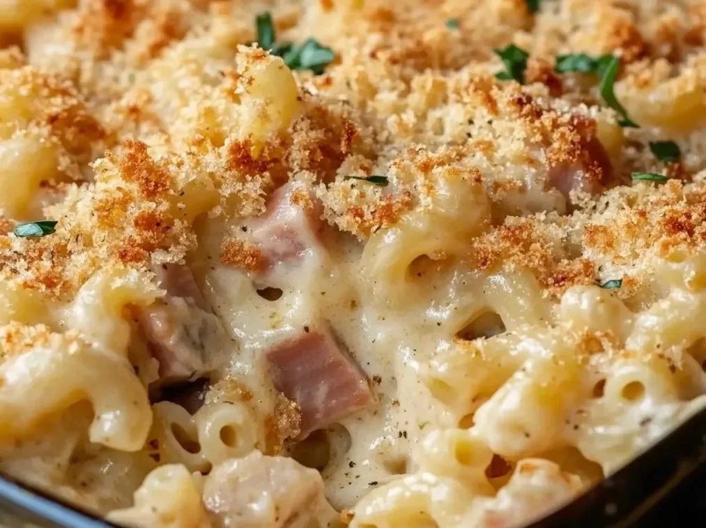 Delicious Chicken Cordon Bleu Casserole with layers of chicken, ham, and cheese
