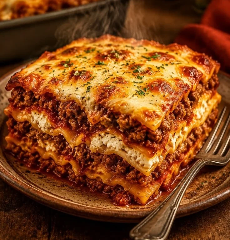 Delicious classic lasagna with layers of cheese, meat, and marinara sauce