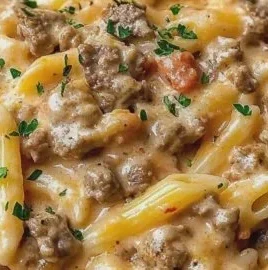 Creamy beef pasta dish served in a bowl, perfect for a quick dinner recipe.