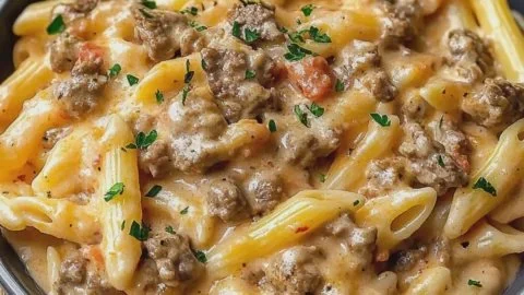 Creamy beef pasta dish served in a bowl, perfect for a quick dinner recipe.