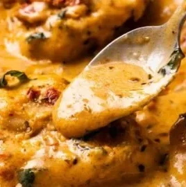 Plate of creamy chicken with sun-dried tomatoes garnished with herbs.