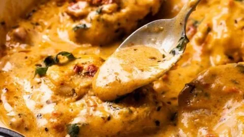 Plate of creamy chicken with sun-dried tomatoes garnished with herbs.