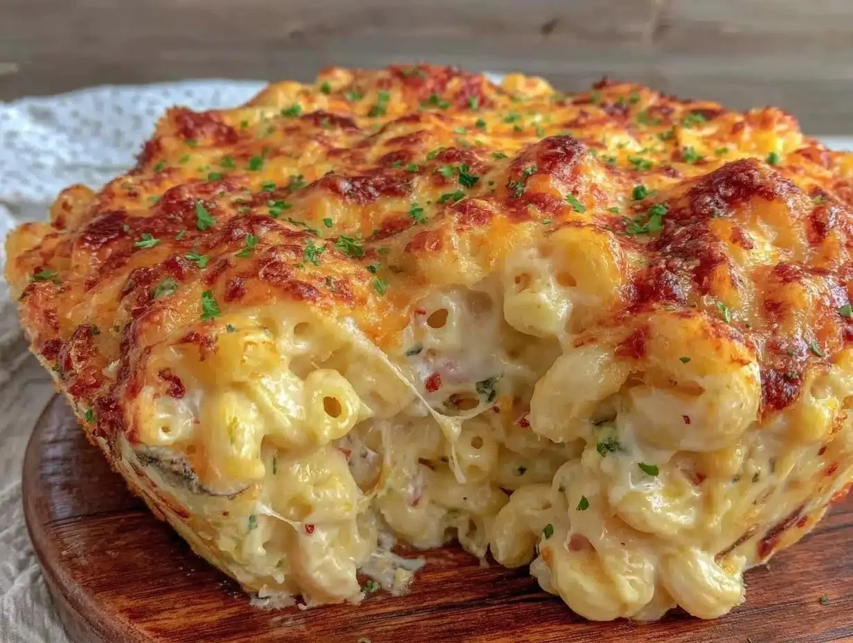 Creamy dump and bake mac and cheese dish made with evaporated milk