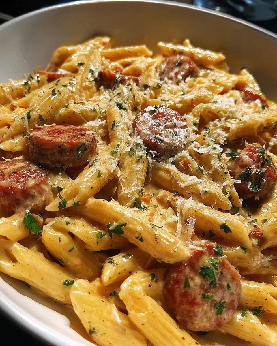 Creamy garlic butter Cajun sausage penne served in a bowl