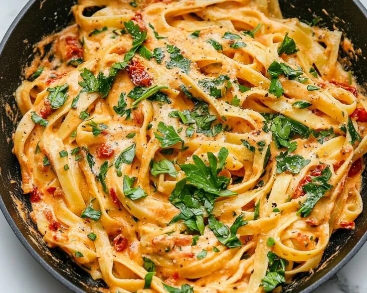 Creamy vegan sun-dried tomato pasta dish served in a bowl