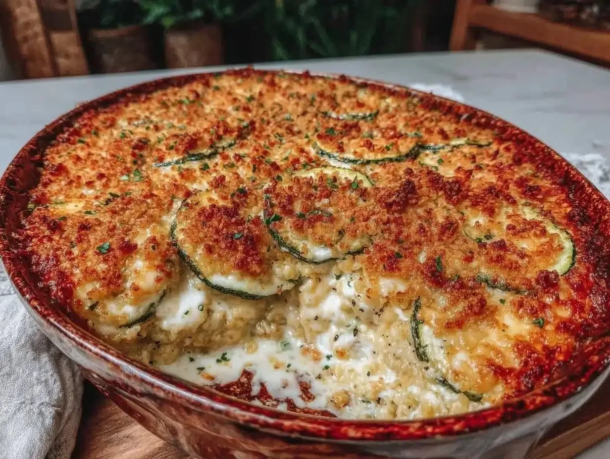 Crispy cheesy zucchini casserole topped with Ritz crackers, golden and delicious