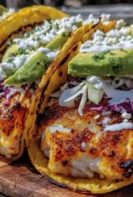 Crispy grilled fish tacos garnished with fresh ingredients and served on a plate