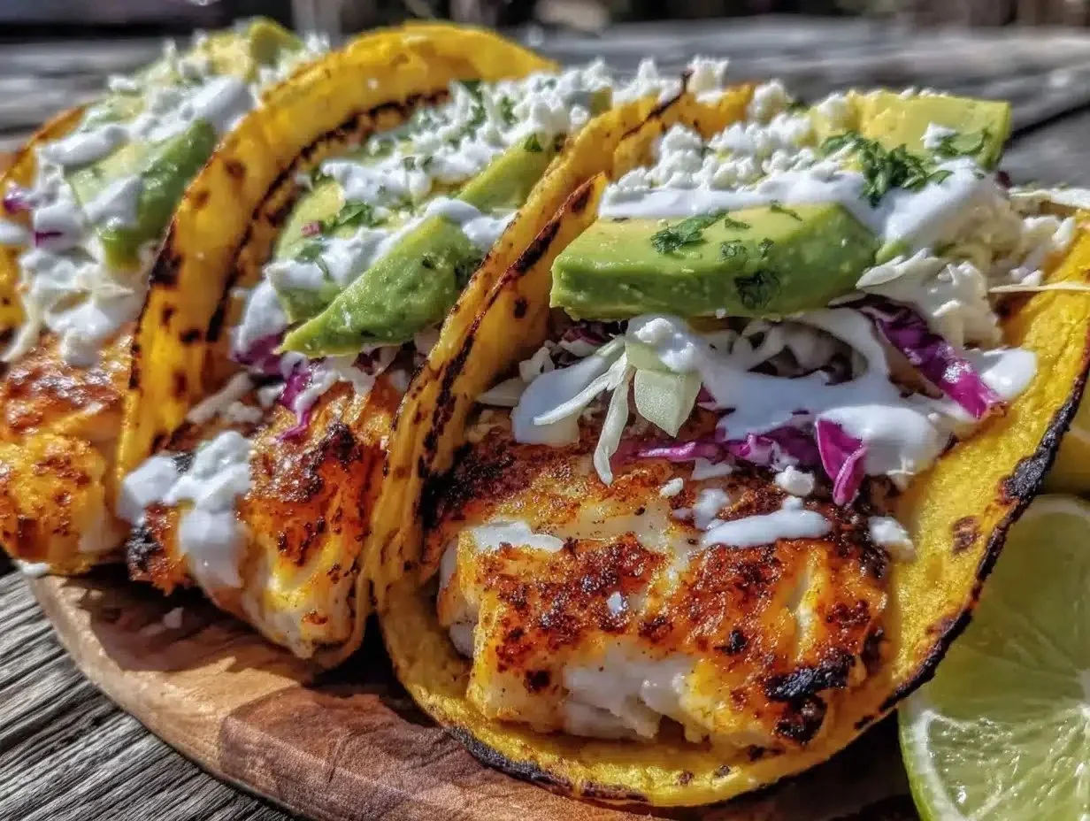 Crispy grilled fish tacos garnished with fresh ingredients and served on a plate