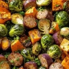 Easy sheet pan feast with sausage, sweet potato, and Brussels sprouts