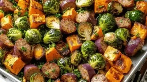 Easy sheet pan feast with sausage, sweet potato, and Brussels sprouts