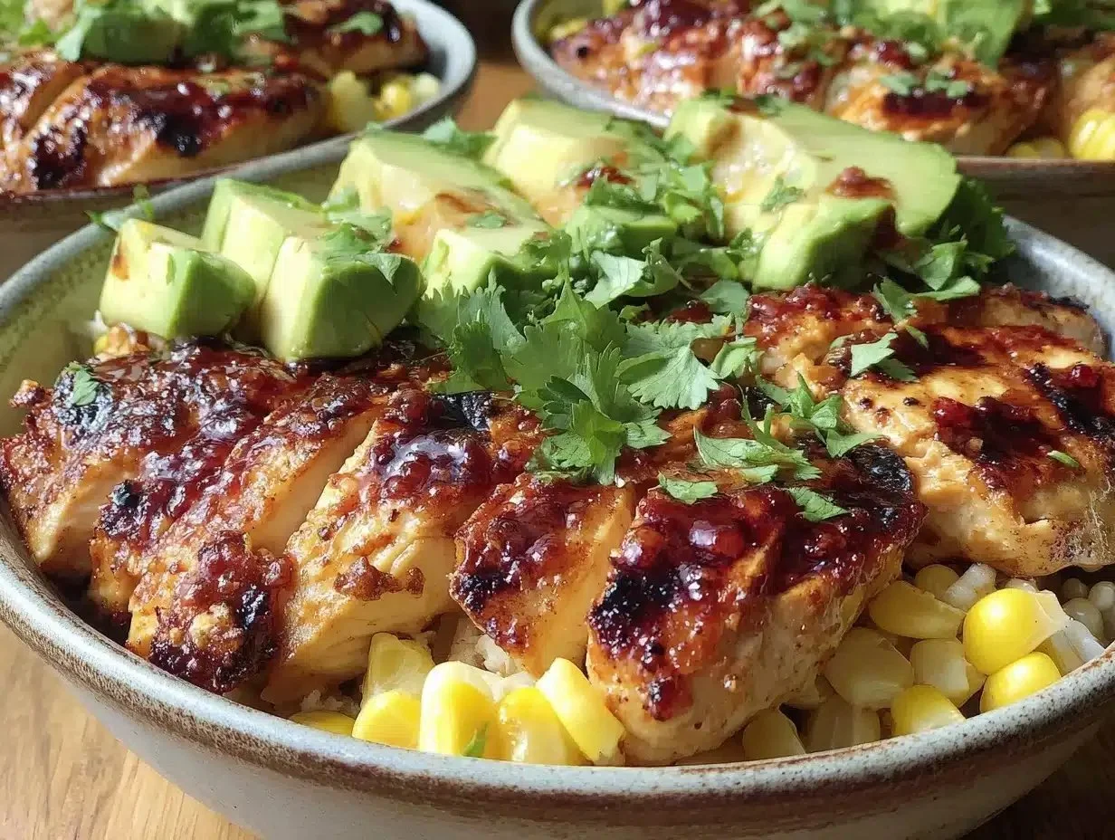 Delicious grilled chicken bowls with avocado and corn for summer meal prep.