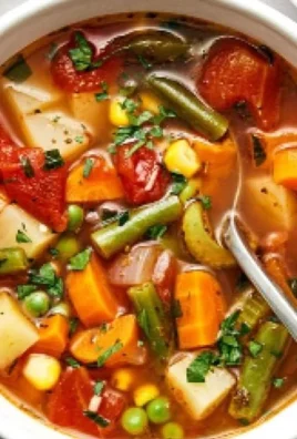 Bowl of easy vegetable soup filled with fresh vegetables and herbs