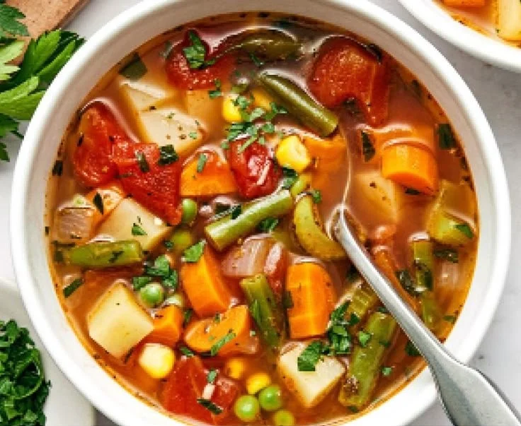 Bowl of easy vegetable soup filled with fresh vegetables and herbs