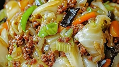 Chinese ground beef and cabbage stir fry in a skillet