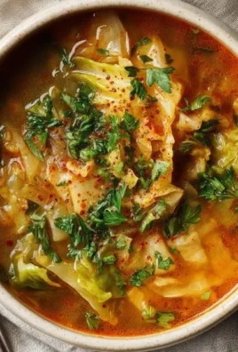 Bowl of fat-burning cabbage soup garnished with herbs