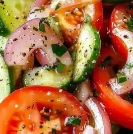 Fresh tangy marinated cucumber salad with onions and tomatoes