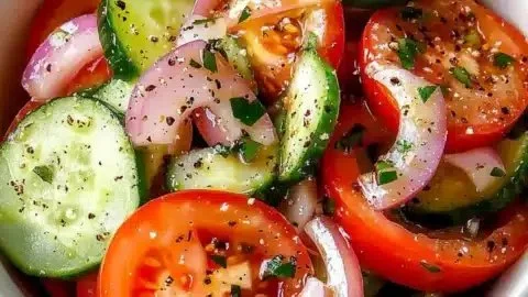 Fresh tangy marinated cucumber salad with onions and tomatoes