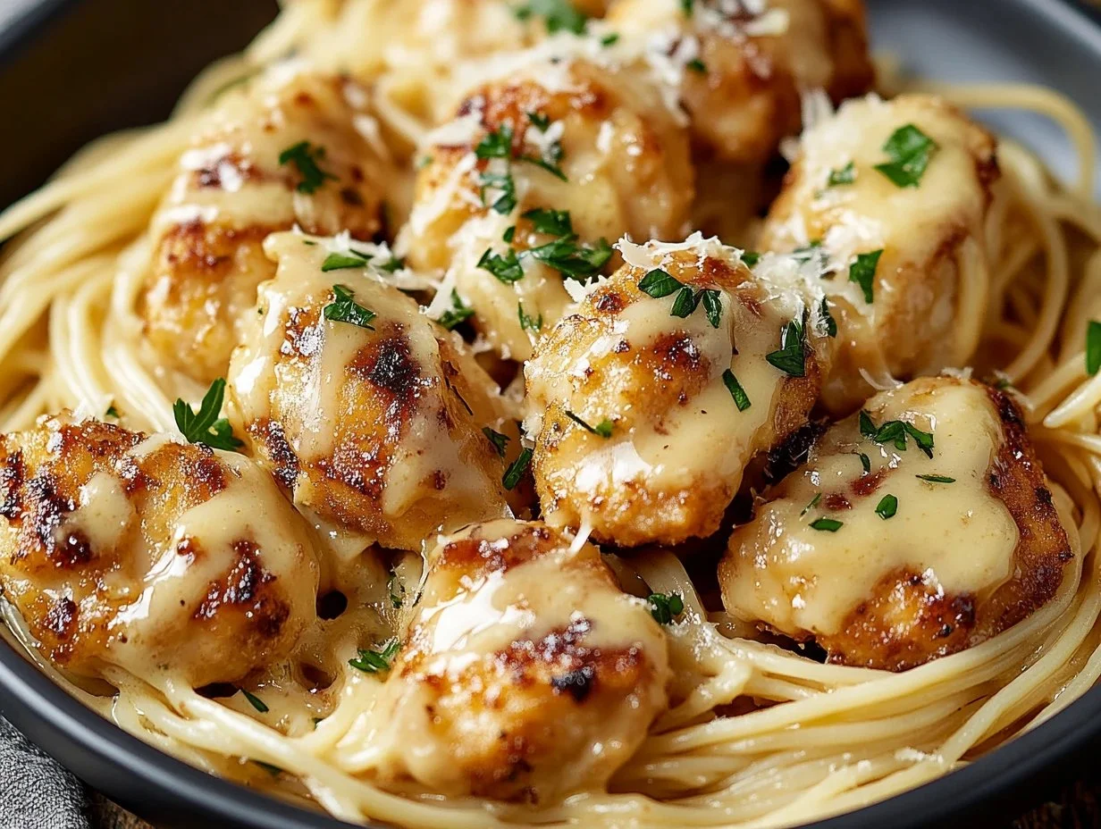 Garlic Butter Chicken Bites with Creamy Parmesan Pasta served on a plate