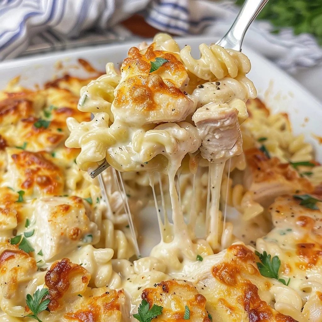 Delicious Garlic Parmesan Chicken Pasta Bake with creamy sauce and cheese