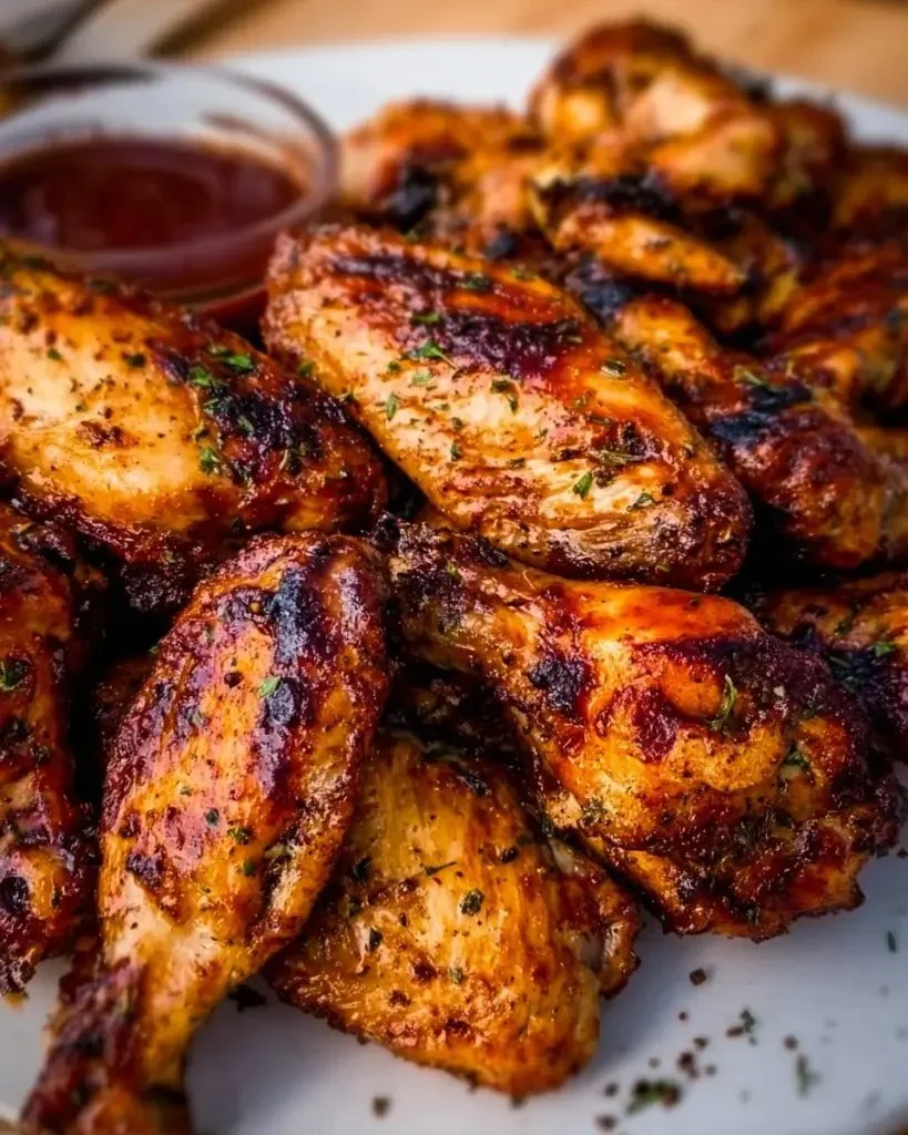 Delicious grilled chicken wings served on a platter with dipping sauce
