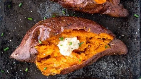 Grilled sweet potato with smoked honey butter on a plate