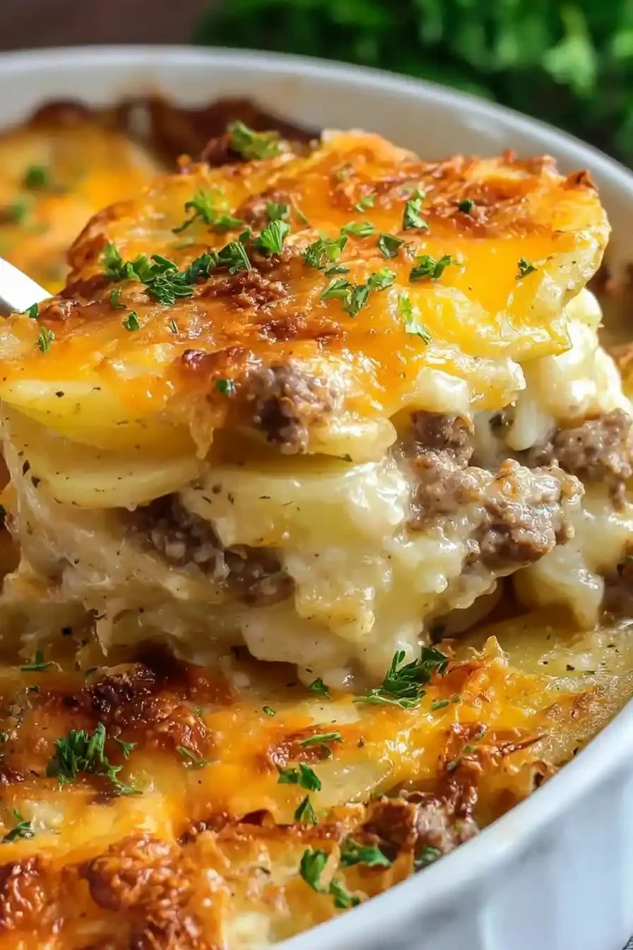 Hearty beef and potato casserole served in a rustic dish