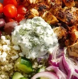 High Protein Mediterranean Chicken Bowls served with fresh veggies and grains