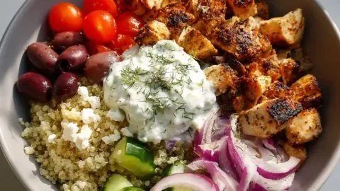 High Protein Mediterranean Chicken Bowls served with fresh veggies and grains