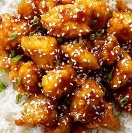 Delicious honey sesame chicken garnished with sesame seeds and green onions