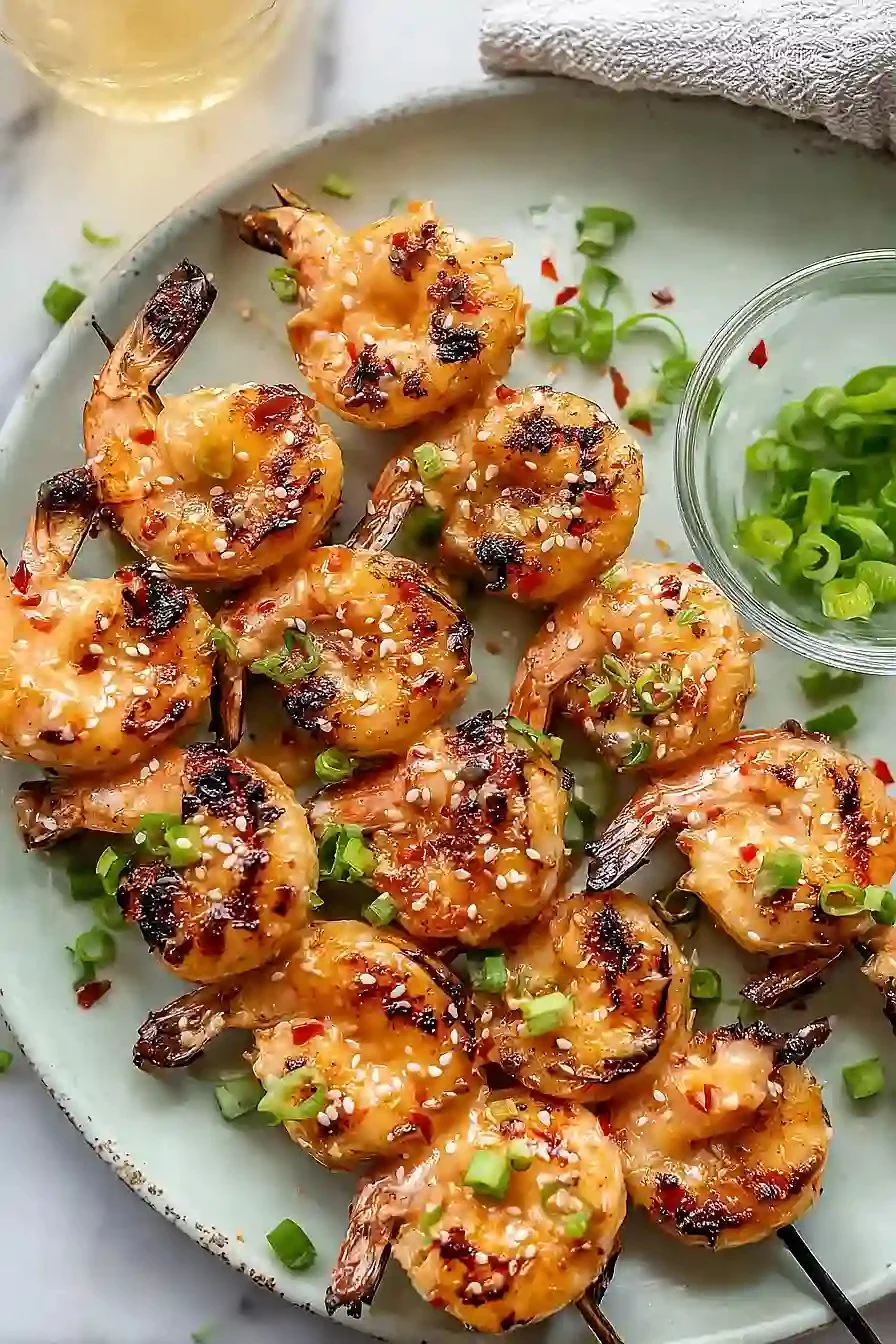 Juicy grilled Bang Bang shrimp skewers served with dipping sauce.