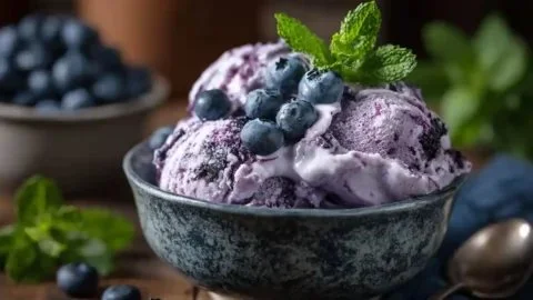 Keto Blueberry Ice Cream with cottage cheese in a bowl, topped with fresh blueberries