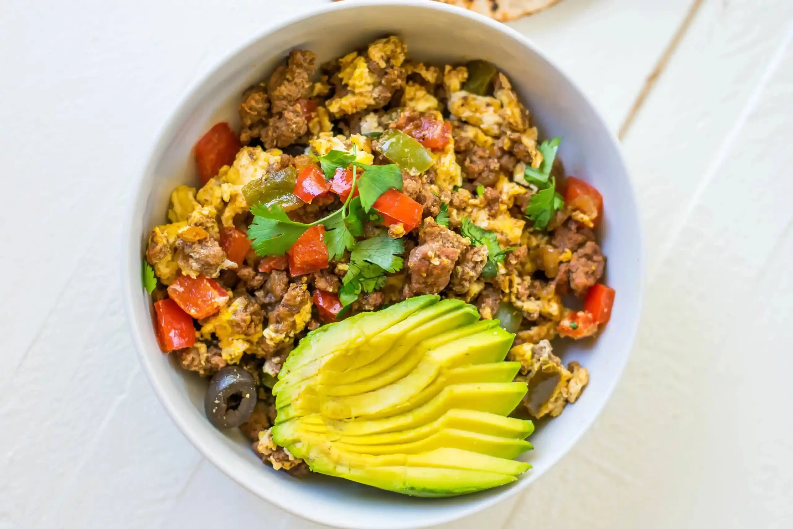 Delicious taco breakfast scramble dish suitable for meal prep and Whole30 diets