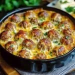 Delicious meatball casserole topped with melted cheese and herbs.