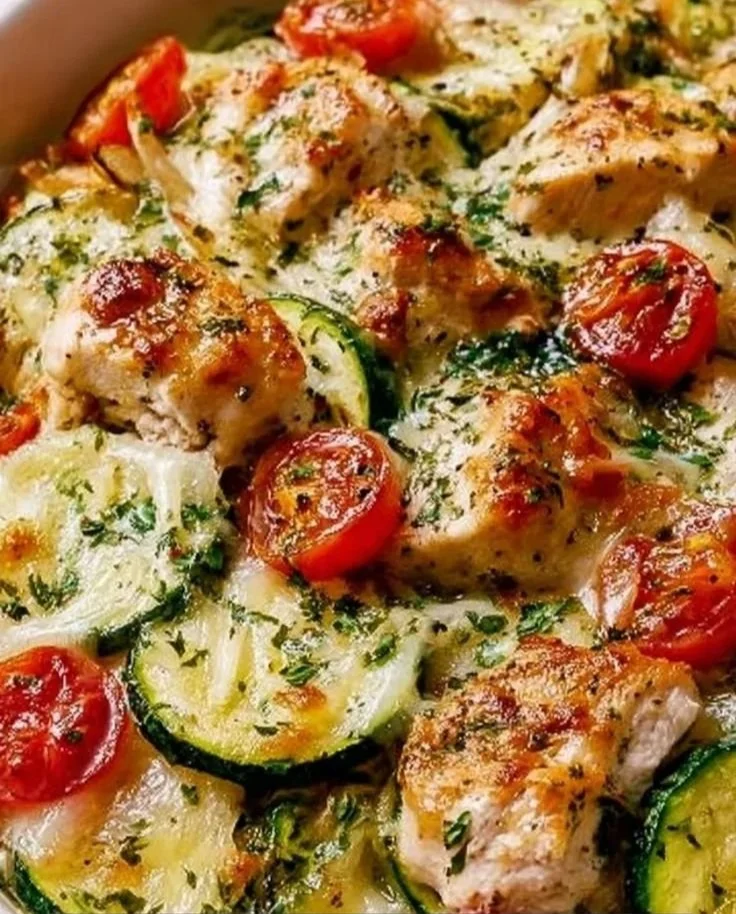 Mediterranean chicken zucchini bake fresh out of the oven, garnished with herbs.