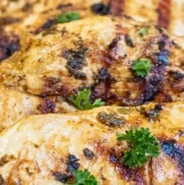 Mediterranean grilled chicken breasts served with herbs and vegetables
