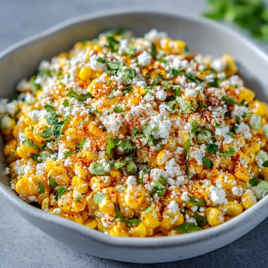Bowl of Mexican Street Corn Salad topped with cheese and cilantro