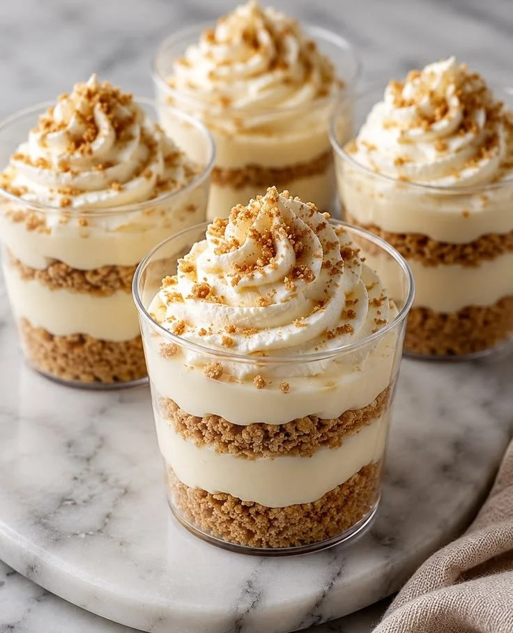 Mini cheesecake trifles with layers of cream and fruit toppings.
