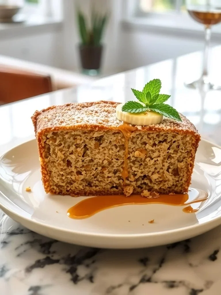 Sliced moist banana bread on a wooden cutting board with bananas and walnuts
