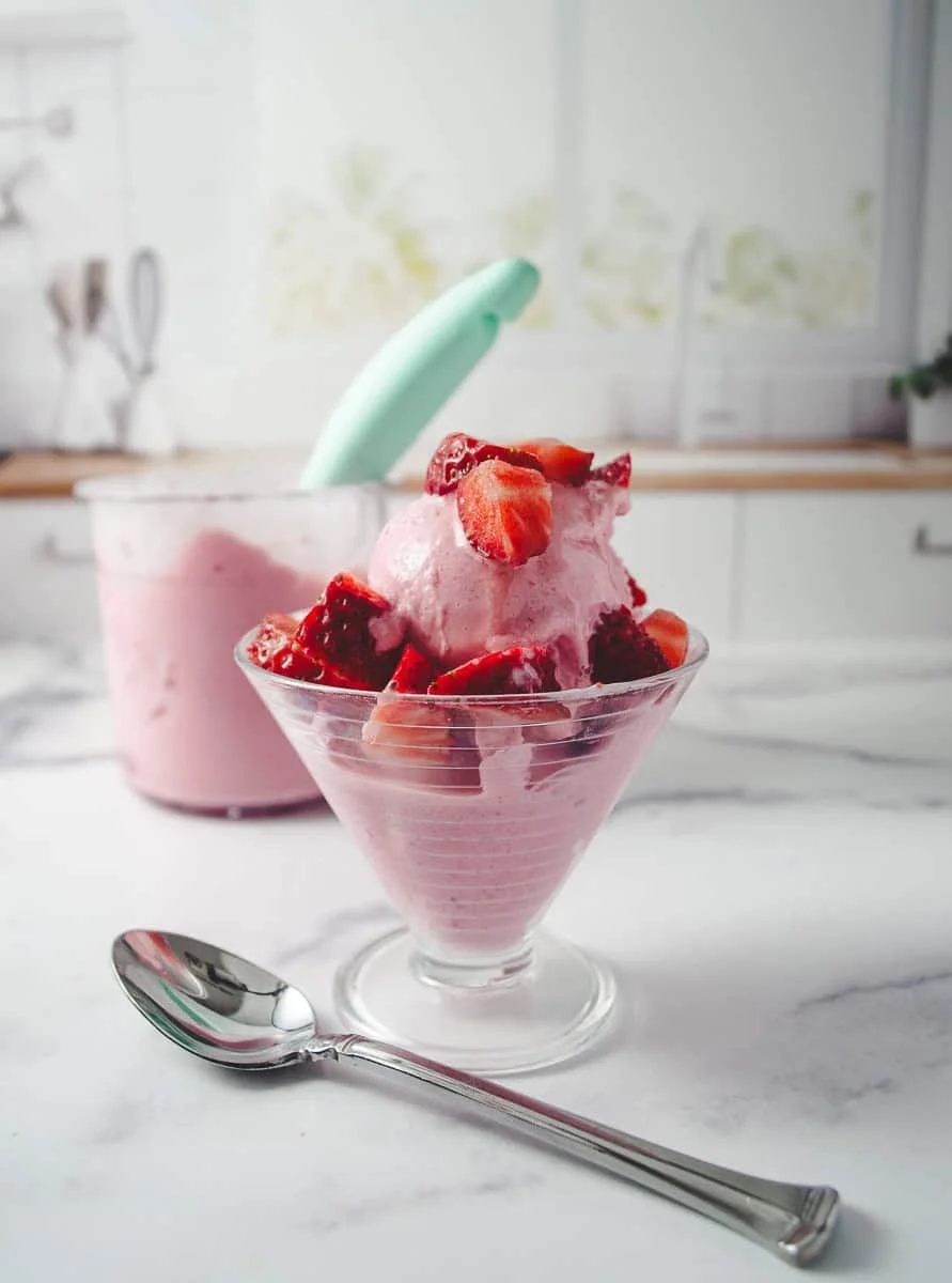 Creamy strawberry ice cream made with Ninja Ceami and Fairlife Milk.