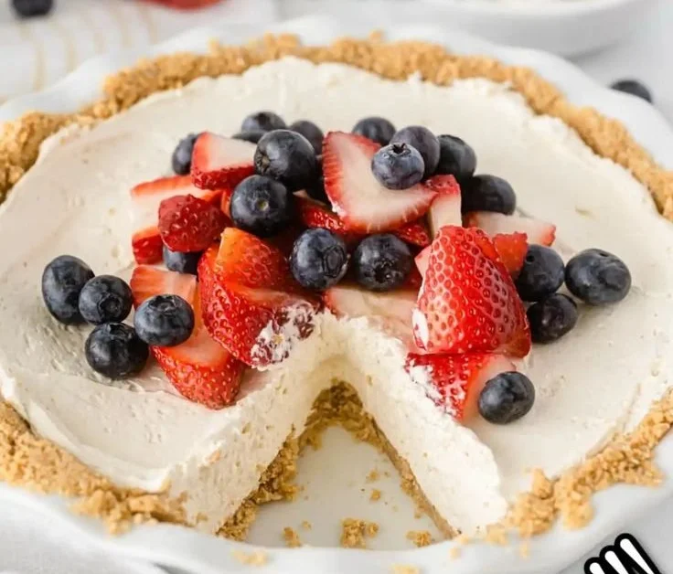 No bake cheesecake dessert with creamy filling and graham cracker crust