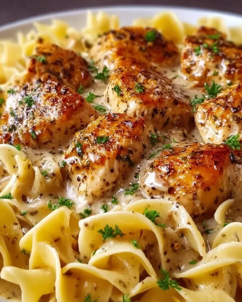 One-Pan Creamy Garlic Butter Chicken with Egg Noodles dish