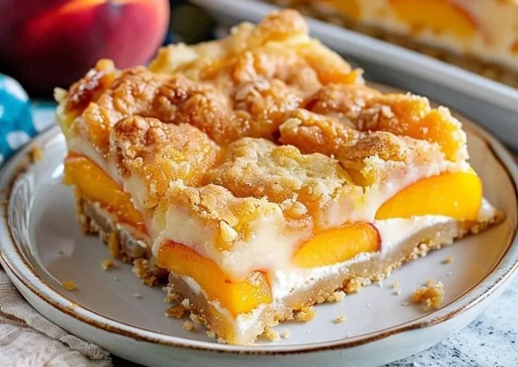 Peach Cobbler Cheesecake Bars with fresh peaches and creamy cheesecake layer