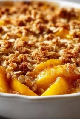 Delicious Peach Cobbler with a crunchy oatmeal topping served in a baking dish