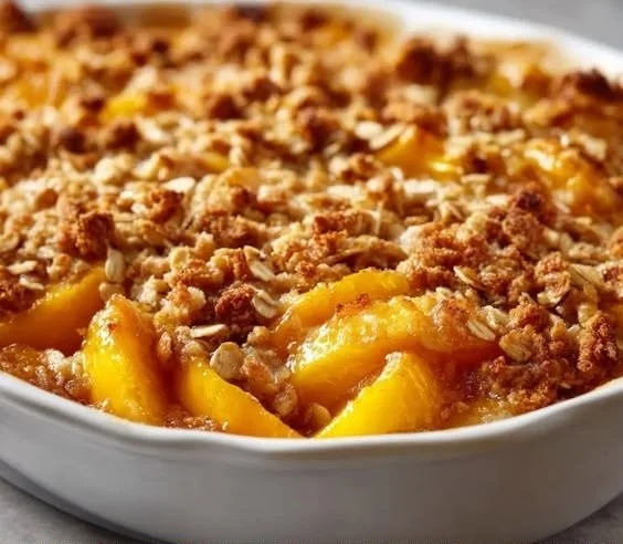 Delicious Peach Cobbler with a crunchy oatmeal topping served in a baking dish