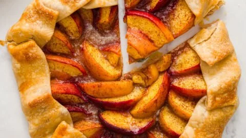 Freshly baked Peach Galette with golden crust and juicy peach filling