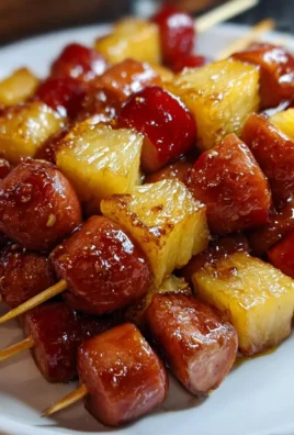 Pineapple Brown Sugar Smokies skewers on a serving platter