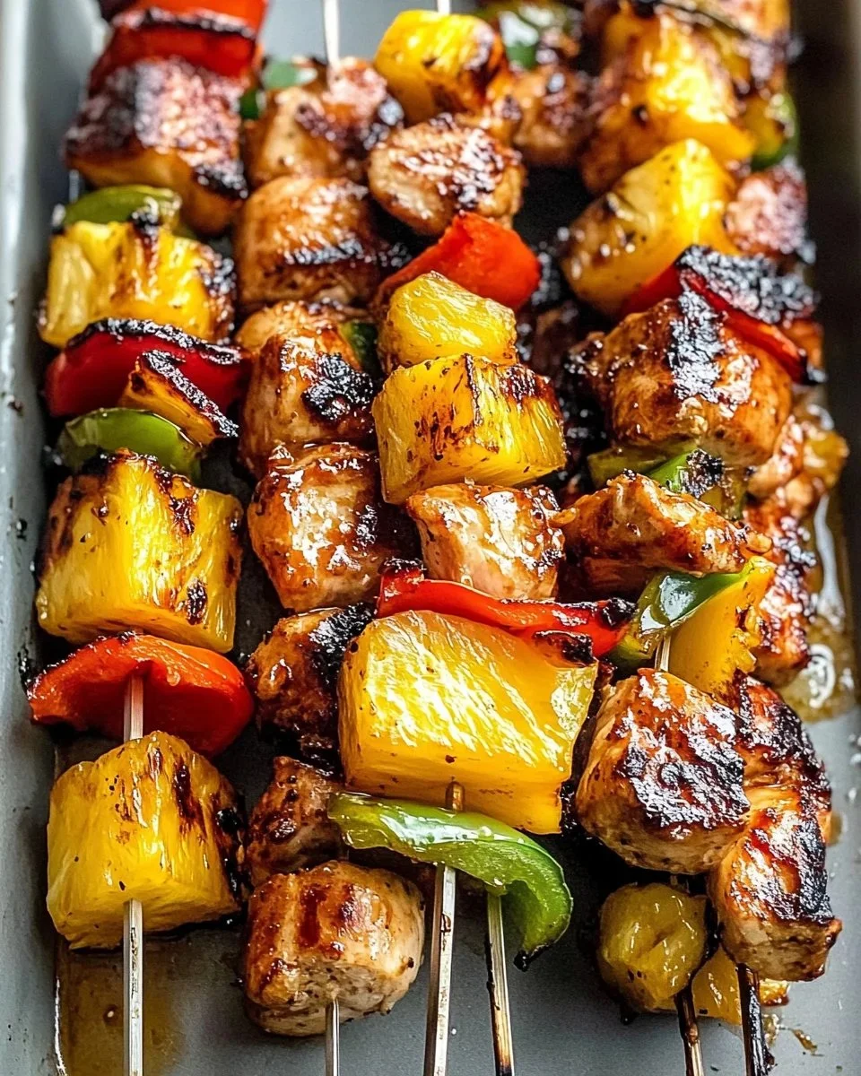 Grilled Pineapple Chicken Kabobs with fresh vegetables and a glaze