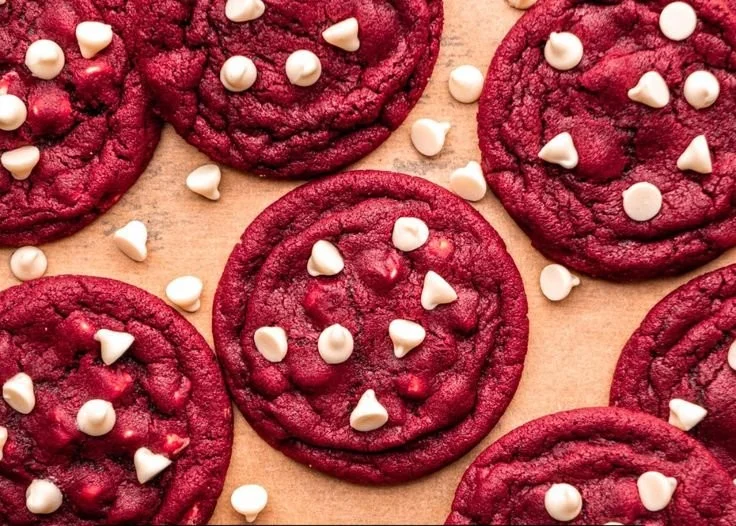 Freshly baked red velvet cookies with cream cheese frosting